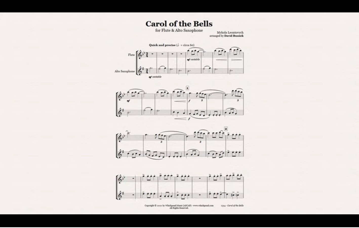 Carol Of The Bells for Flute/Alto Saxophone Duet Christmas PDF Sheet Music